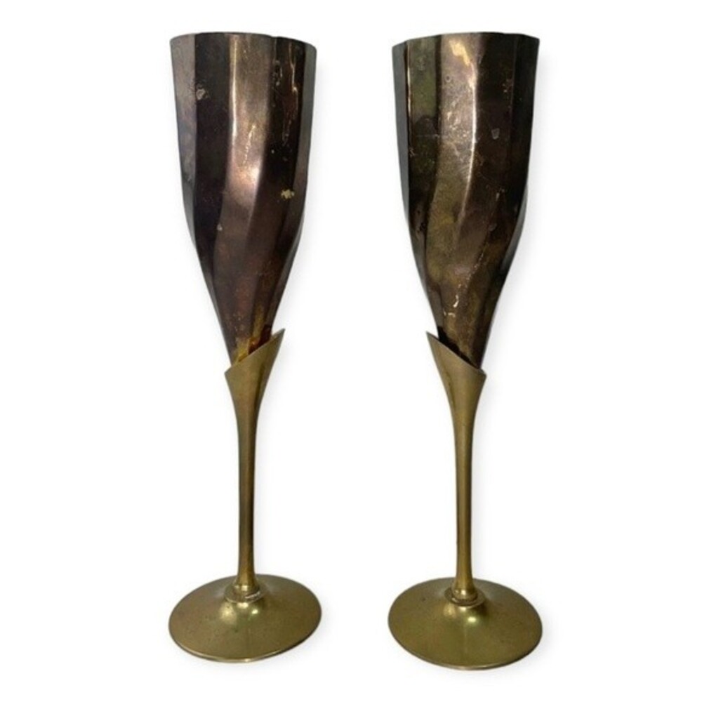 Vintage Cups Brass Flutes Mid Century Twisted Metal Goblets Set of 2 Fantasy Bar